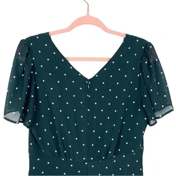 Madewell green and white dot smocked shoulder v neck dress smoky spruce, size 0 - Picture 6 of 10